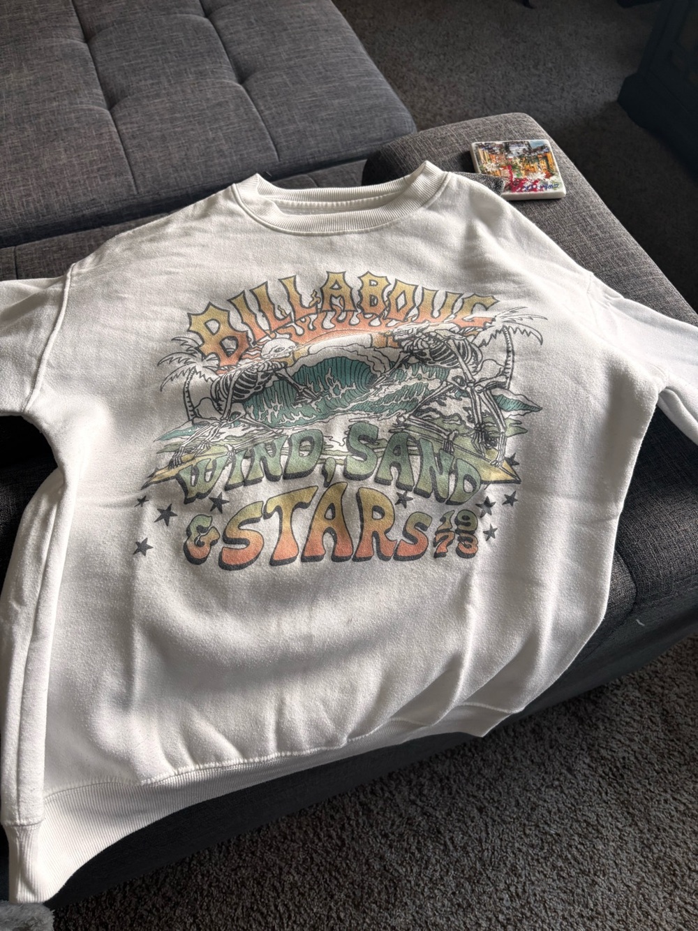 Billabong White Graphic Sweatshirt with Multicolor Beach Print